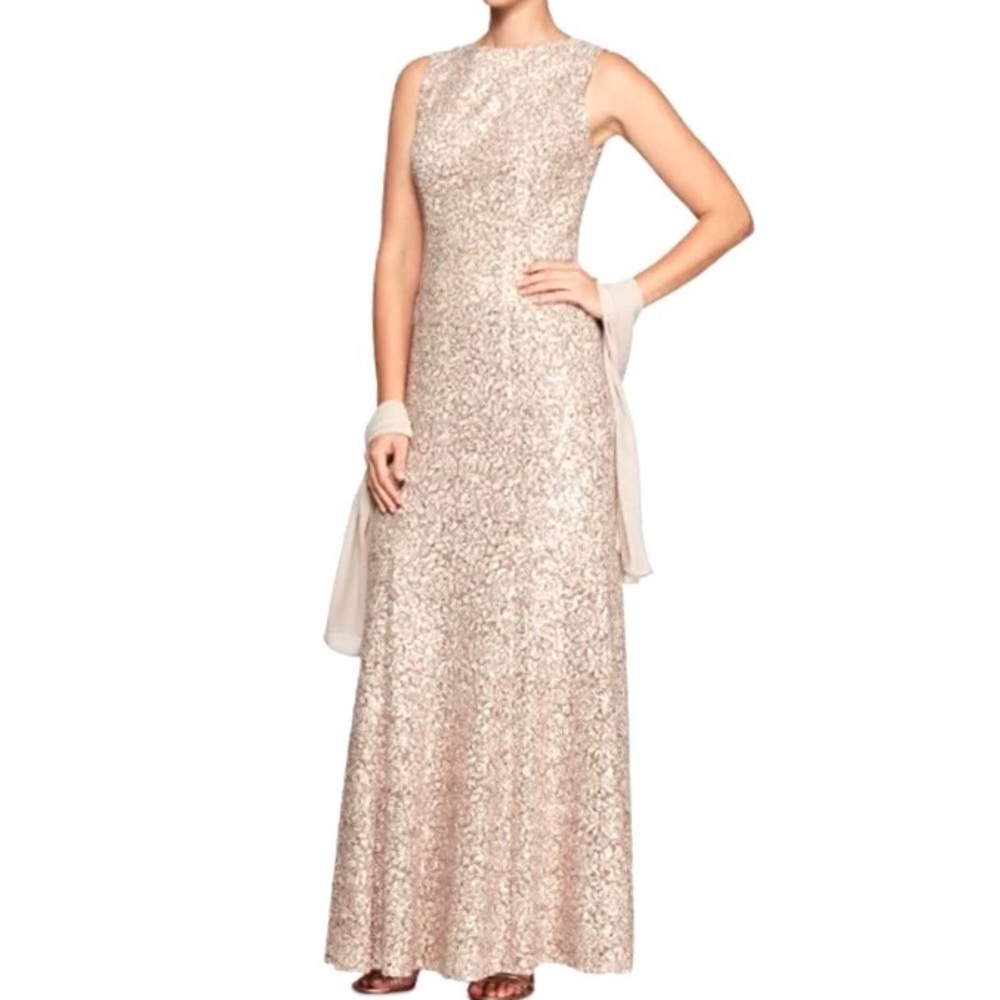 ALEX EVENINGS Champagne Sequined Lace Gown